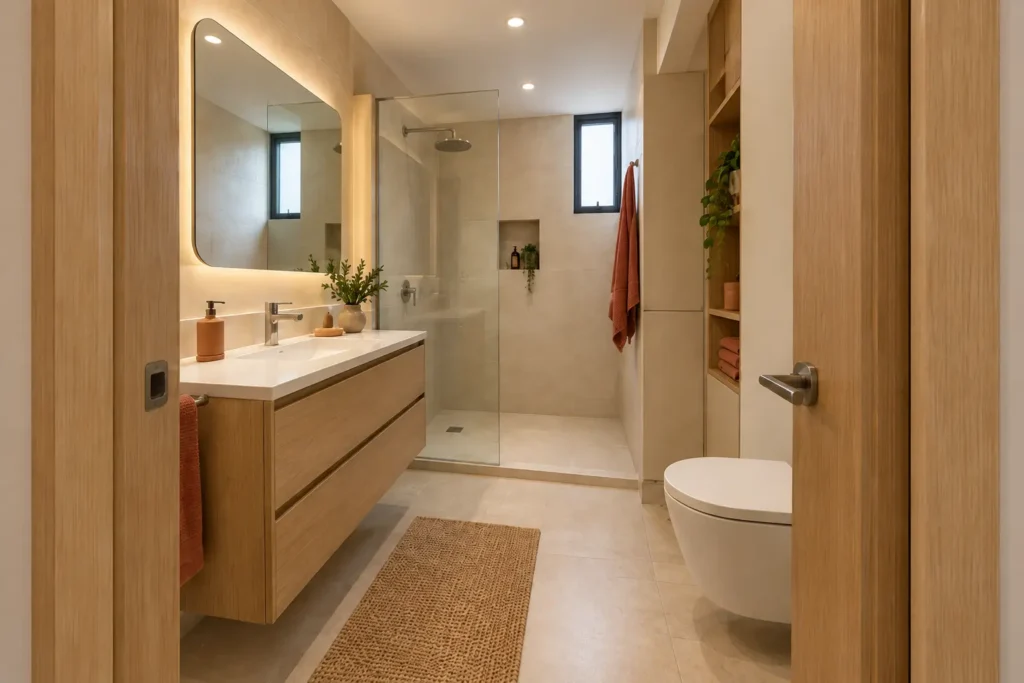Baño contemporáneo cálido con ducha, lavatorio y almacenamiento integrado