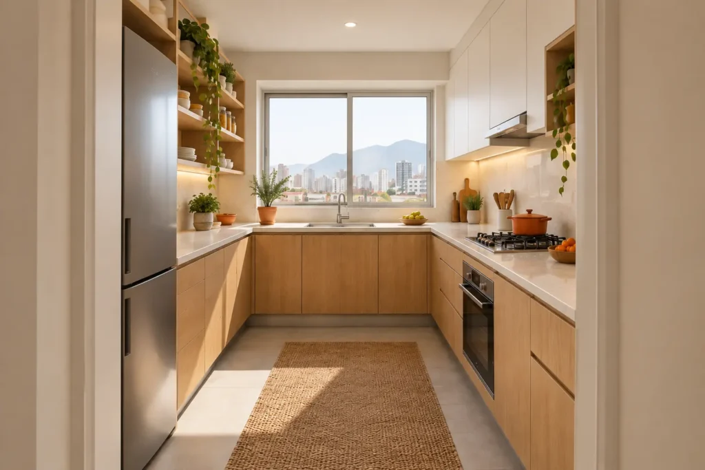 Cocina en L cálida con superficie de trabajo, almacenamiento y luz natural