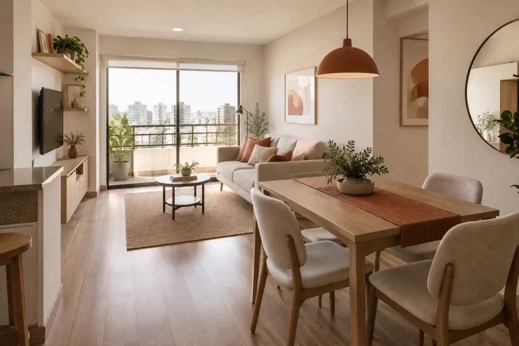 Sala y comedor integrados de un departamento con almacenamiento y luz natural