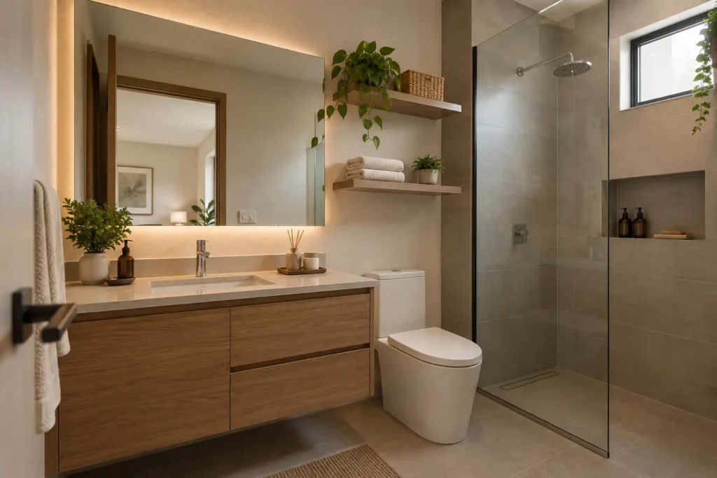 Baño pequeño moderno con almacenamiento, iluminación cálida y ducha de vidrio