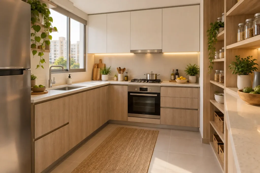 Cocina pequeña funcional con distribución en U y almacenamiento optimizado