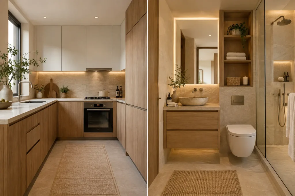 Diseño coordinado de cocina y baño pequeños con acabados cálidos y funcionales