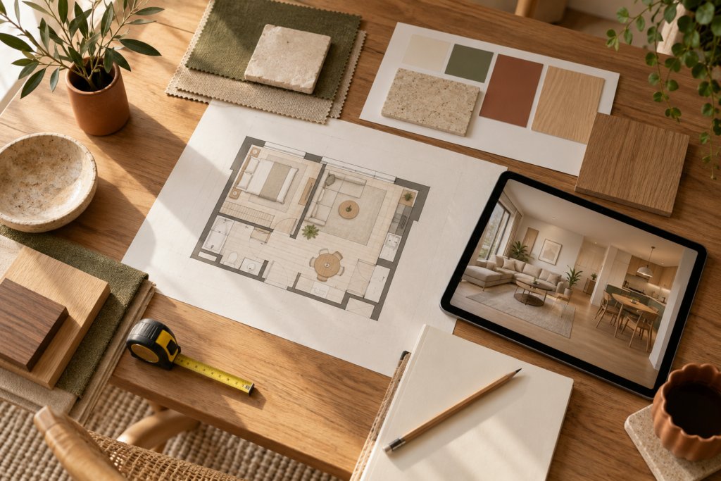 Plano, muestras de materiales y visualización de diseño interior
